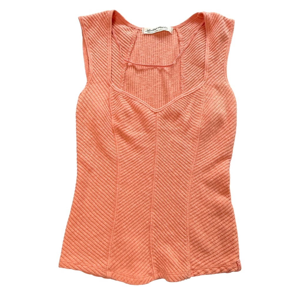We The Free Tank Top Womens Large Peach Ribbed Knit Corset Seam Sweetheart Neck